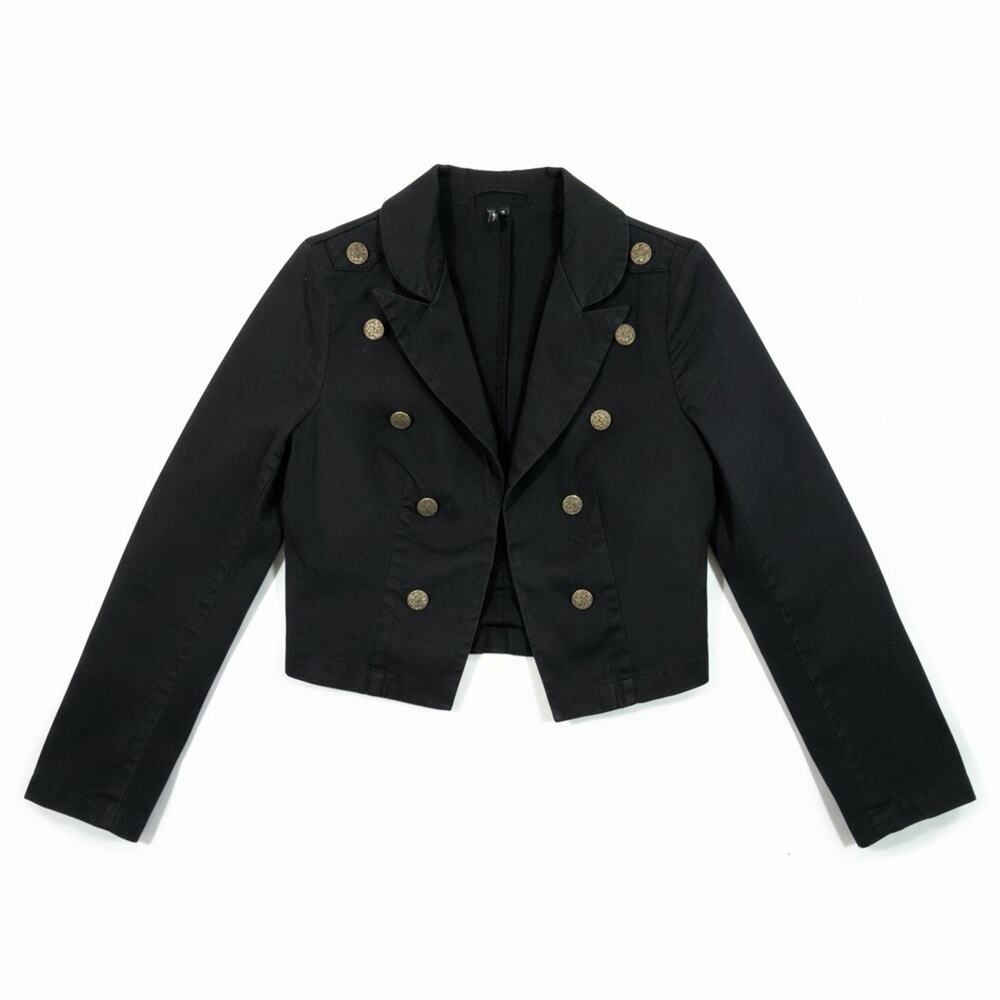 Ambition Cropped Black Military Jacket Double Breasted Gold Crested Buttons Sz M